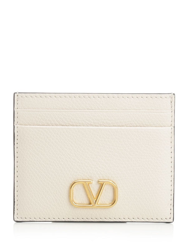 V Logo Leather Card Wallet