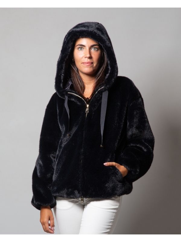 Drawstring Faux Fur Hood Jacket