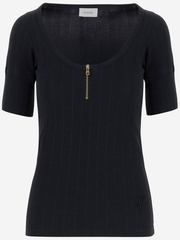 Half Zip Ribbed Cotton Short Sleeve Knit