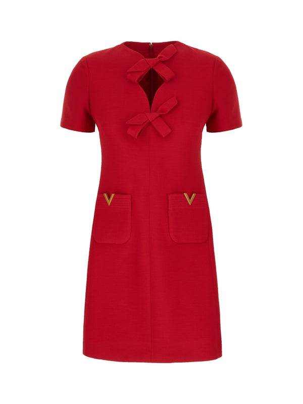 V Logo Pocket Bow Detail Wool Silk Mini
  Dress