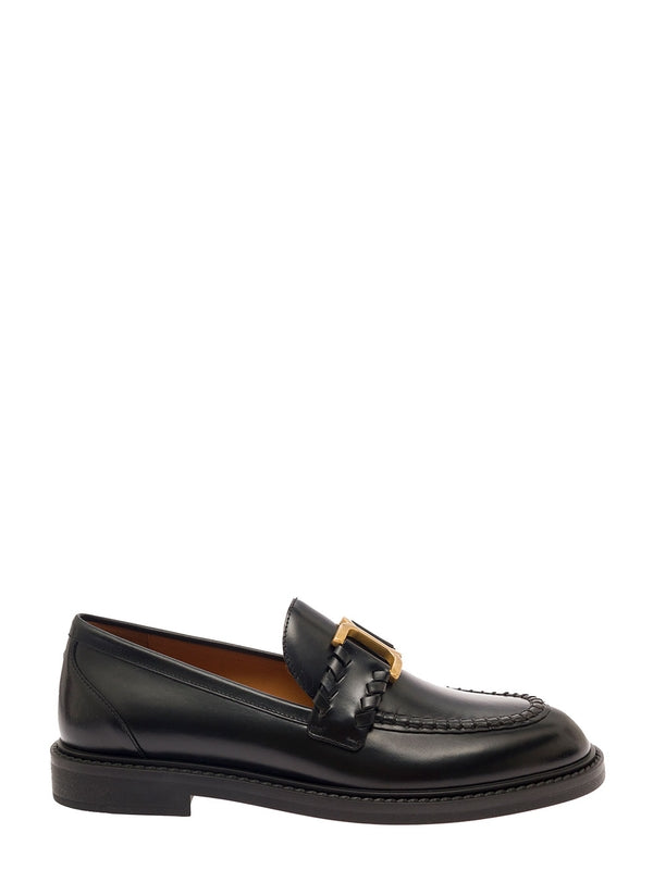 'Marcie' Black Loafers with Gold-Colored Metal Logo in Smooth Leather Woman Loafers