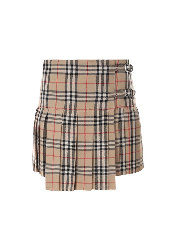 Buckle Strap Check Wool Skirt