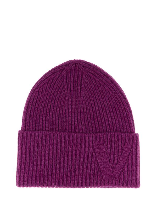 V Embroidery Rib Knit Beanie