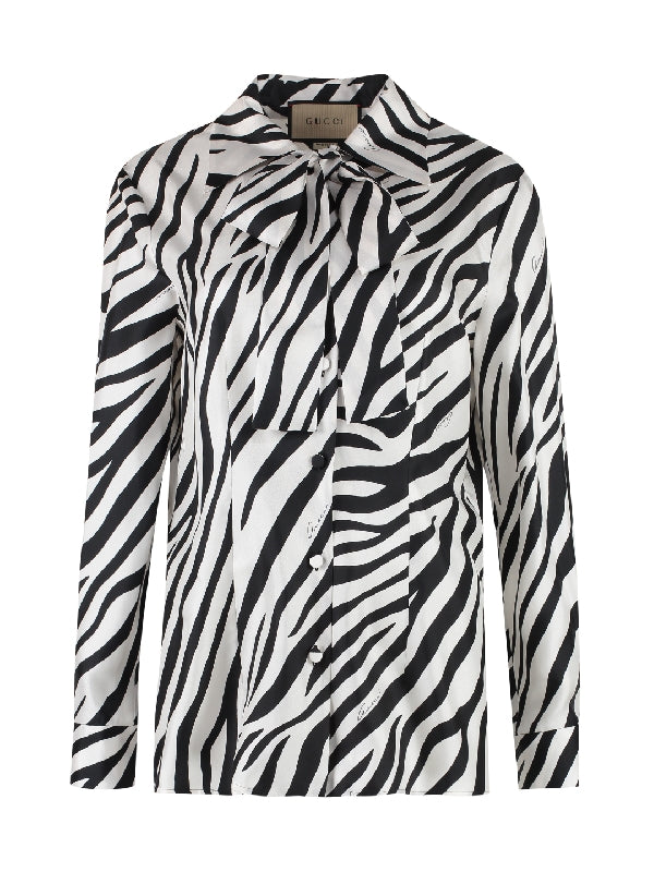 Zebra Printing Bow Neck Silk Shirt