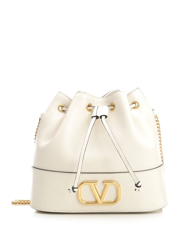 V Logo Mini Bucket Leather Shoulder Bag