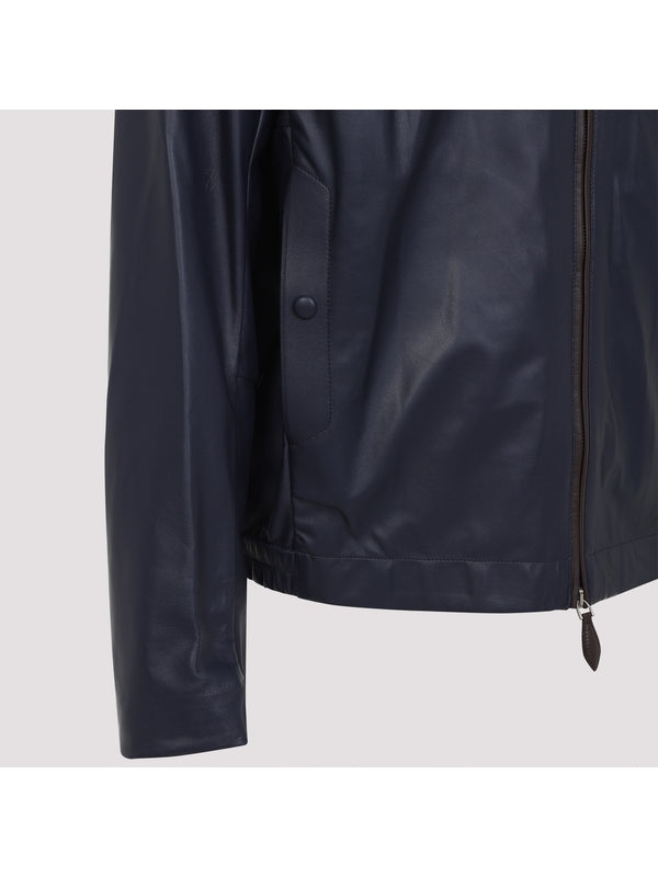 Logo Patch Hooded Leather Jacket