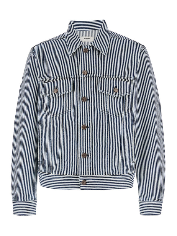 Blue Shirt with Classic Collar and All-Over Striped Motif in Cotton Man Trucker