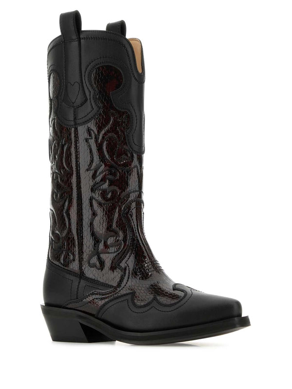 Western Detail Leather Middle Boots
