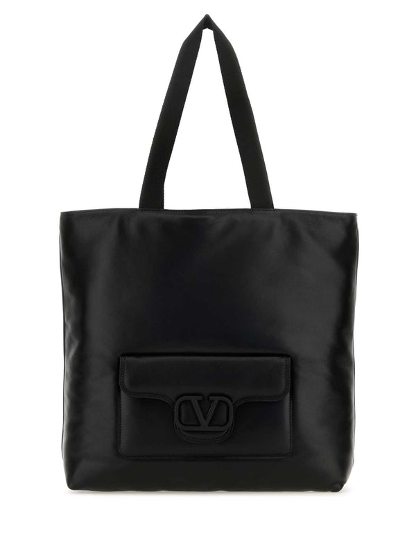 V Logo Pocket Leather Tote Bag