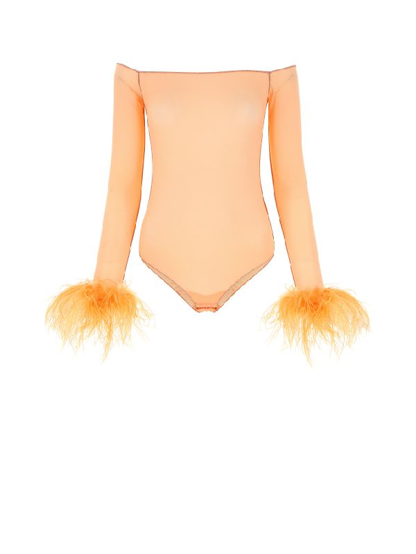 Feather sleeve sheer bodysuit