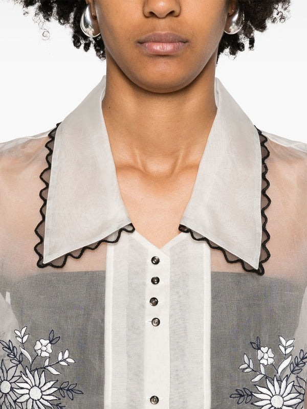 Flower Embroidery Silk Blouse