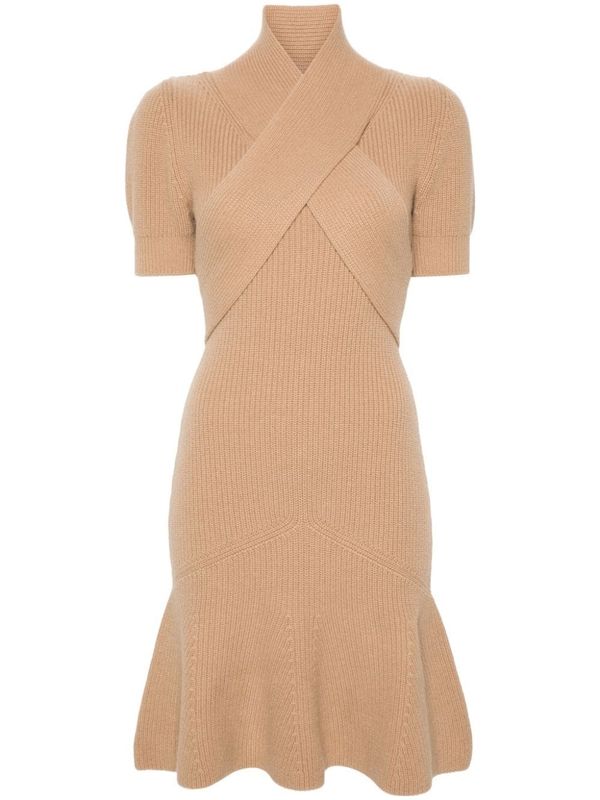 Cross Band High Neck Wool Cashmere Mini
  Dress