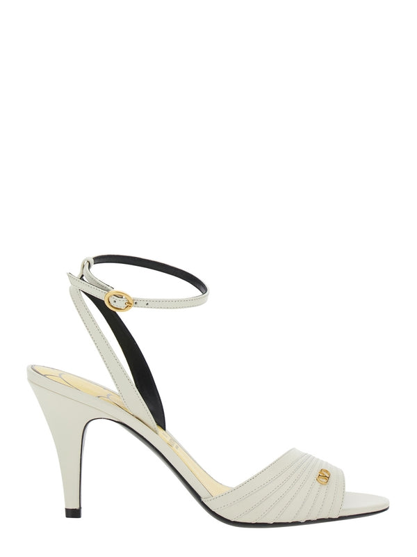 'Ladycrush' White Pumps with VLogo on the Front and Ankle Closure in Leather Woman Sandal Heels