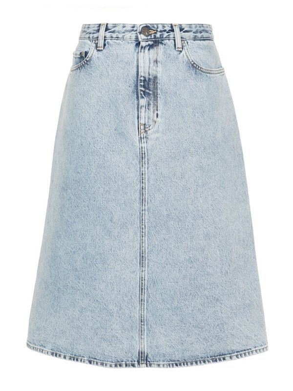 Back Leather Patch Denim Midi Skirt