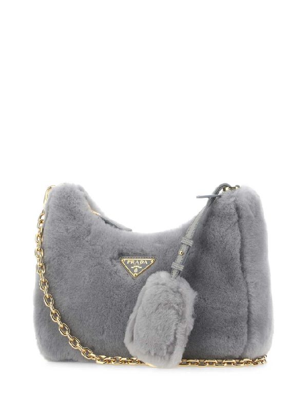 White Shearling Fur Tessuto Hobo Bag