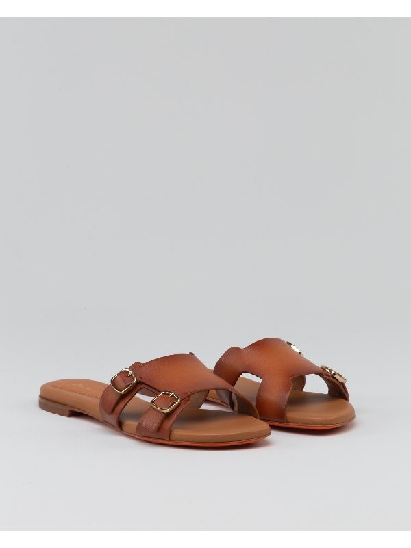 Brown Buckle Leather Mule