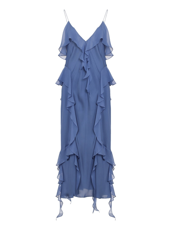 Ruffle Detail Silk Long Dress