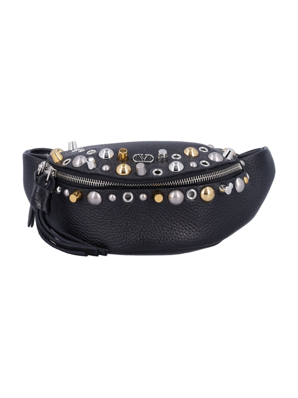 V Logo Jewel Embellished Leather Shoulder Bag