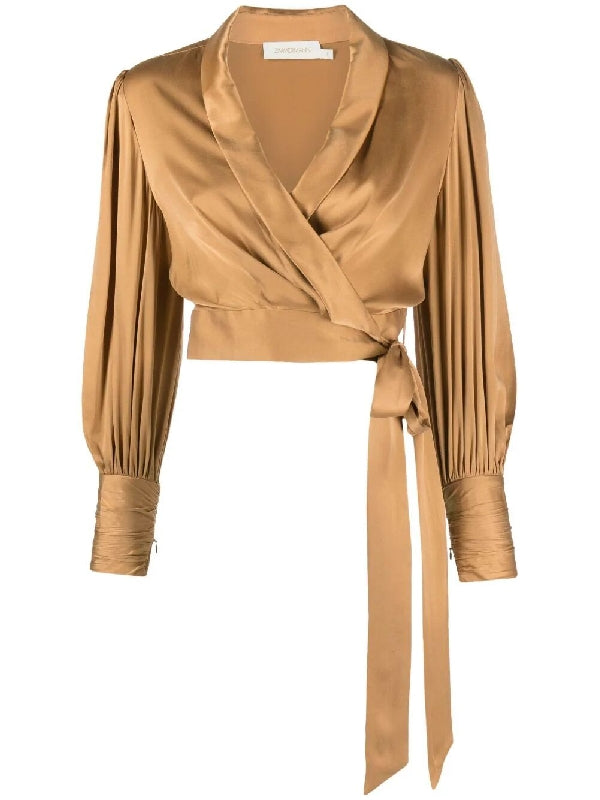 Brown Silk Crop Wrap Blouse