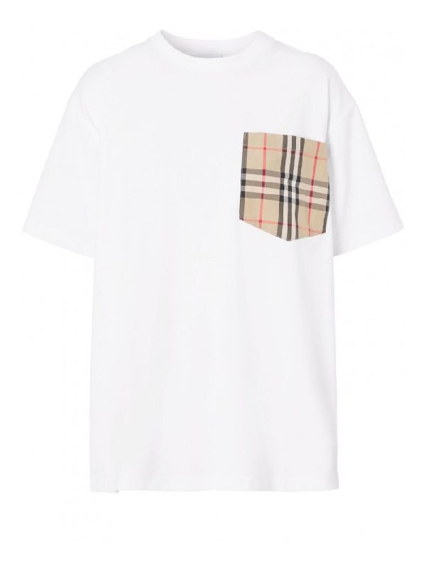 White Crewneck T-Shirt with Check Pocket in Cotton Woman Half Sleeve