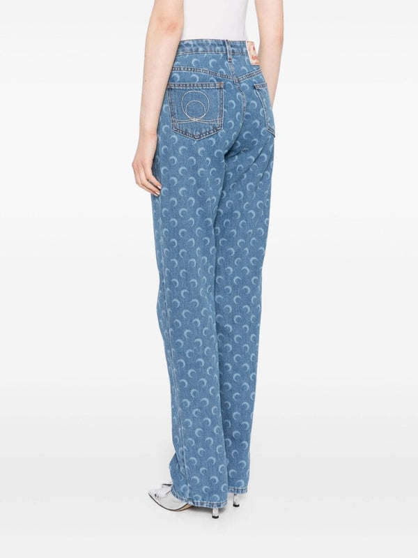 Allover Moon Print Cotton Denim Pants