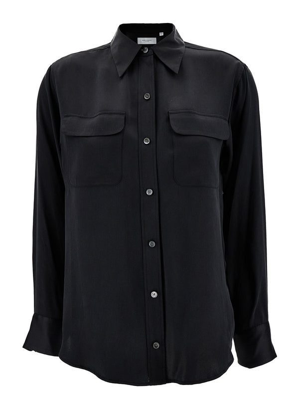 'Signature' Black Shirt with Two Patch Pockets in Silk Woman Shirts & Blouses