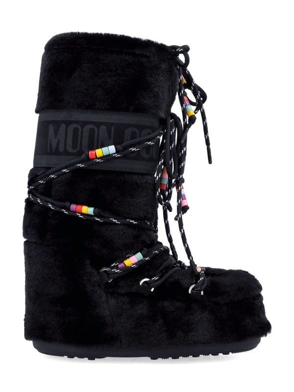 Icon Fake Fur Beads Lace-Up Boots