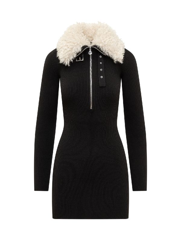 Fur Neck Stretch Wool Zip-Up Knit Dress