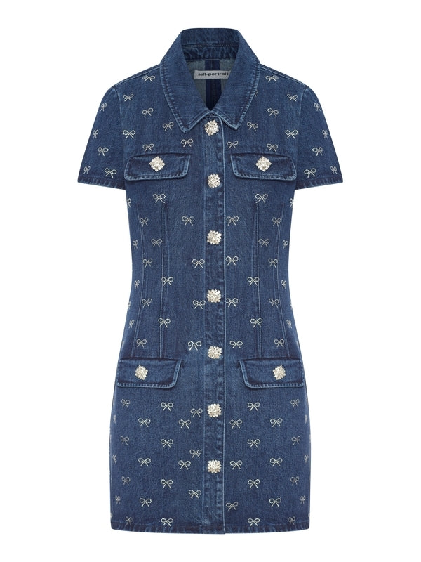 All-Over Bow Detail Denim Mini Dress