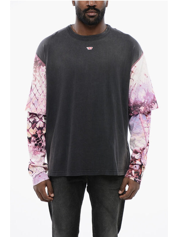 Oversized T-WESHER-N5 T-Shirt with Patterned Double-Layer Sl Long Sleeve