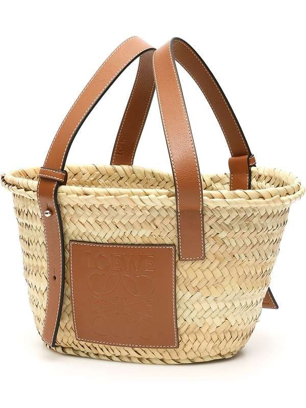 Anagram Leather Patch Raffia Tote Bag
