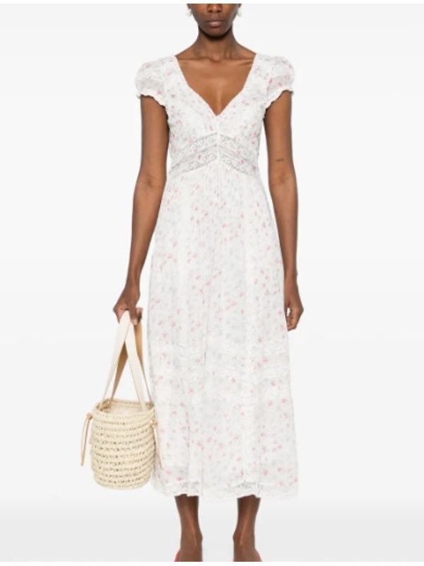 Floral Pattern V Neck Cotton Midi Dress