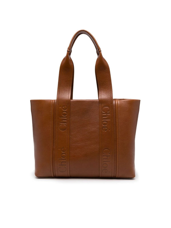 Woody Logo Leather Medium Tote
  Bag