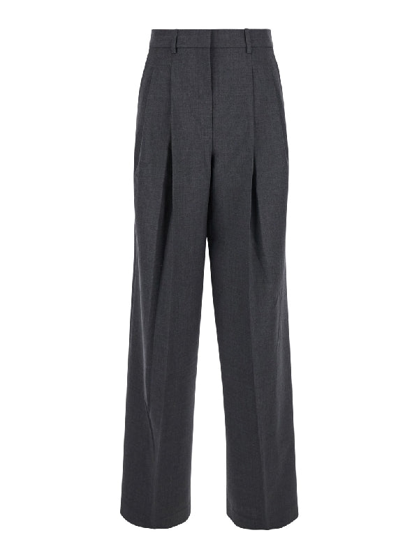 Grey High-Waist Pants with Pences in Stretch Wool Woman Trousers