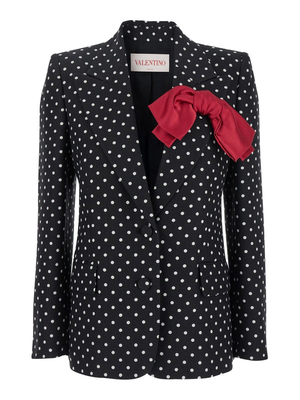 Black Single-Breasted Jacket with Peak Revers and All-Over Polka Dots Motif in Viscose Woman Tailored Jackets