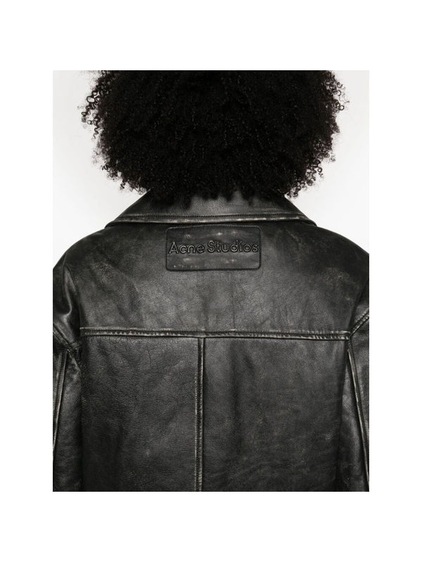 Distressed Effect Leather Biker Jacket