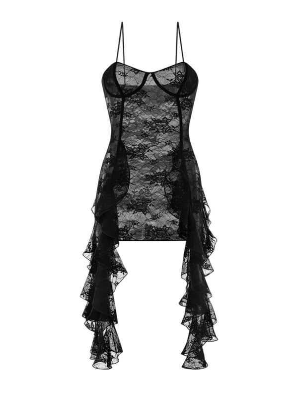 Ruffle Detail Lace Sheer Mini Dress