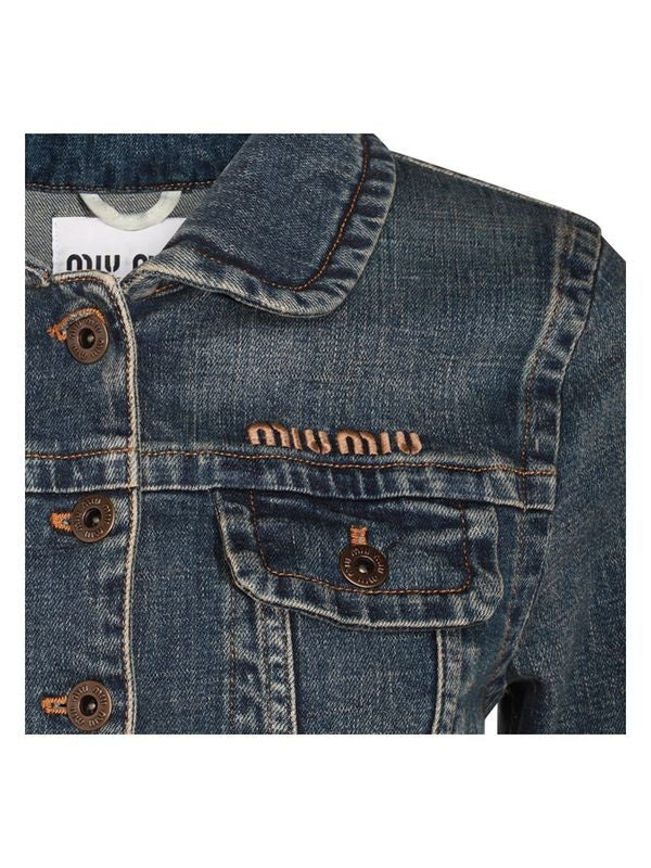 Logo Embroidered Cropped Cotton Denim Jacket