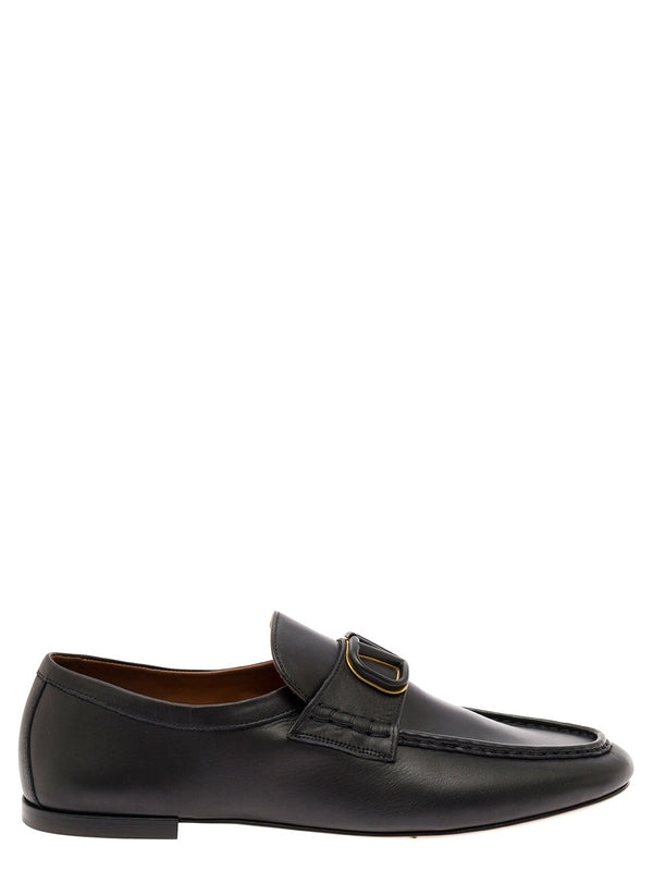 Black Slip-On Loafers with VLogo Detail in Leather Man Loafers