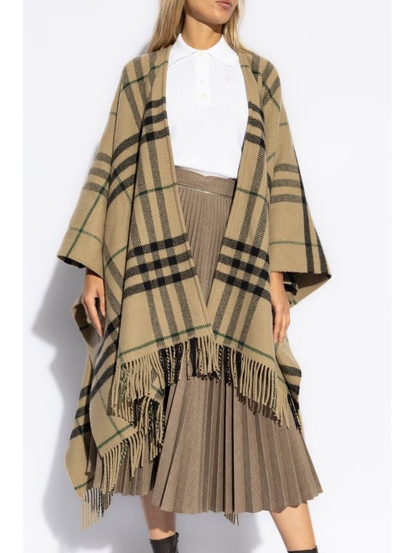 Check Fringe Wool Cashmere Cape