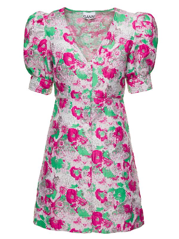 3D Floral Jacquard V-Neck Dress