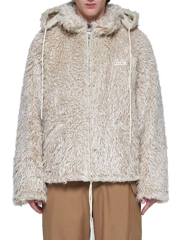 Logo Patch Faux Fur Hooded
  Jacket