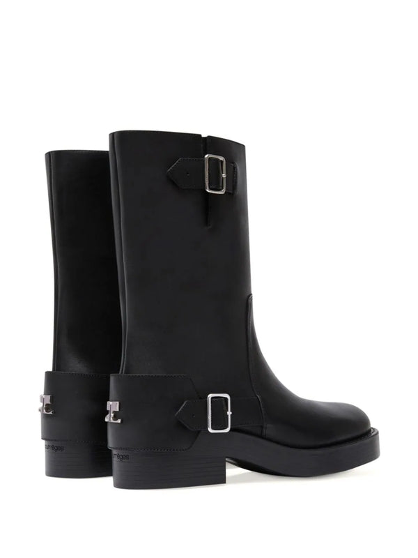 Buckle Strap Leather Midi Boots