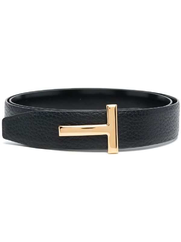 T Logo Buckle Leather Belt