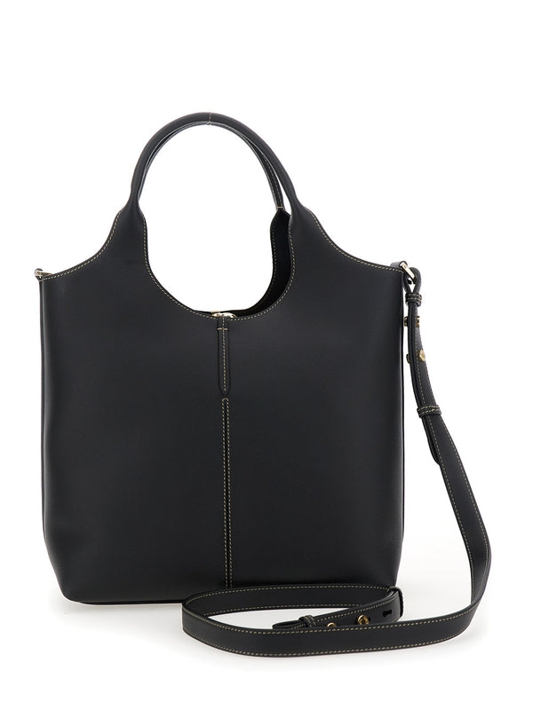 Black Shoulder Bag with Metal Bar with Logo in Leather Woman Tote Bags