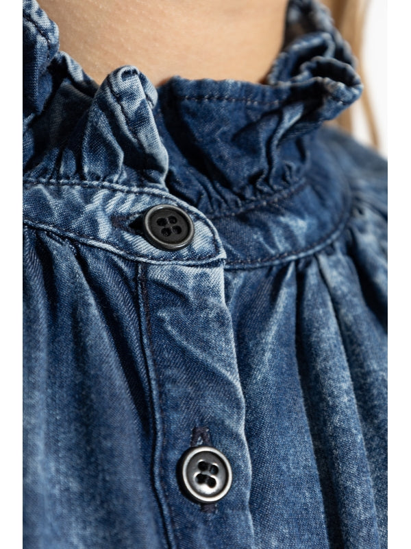 Ruffle Detail Highneck Denim Shirt