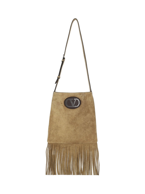 V Logo Suede Fringe Shoulder Bag