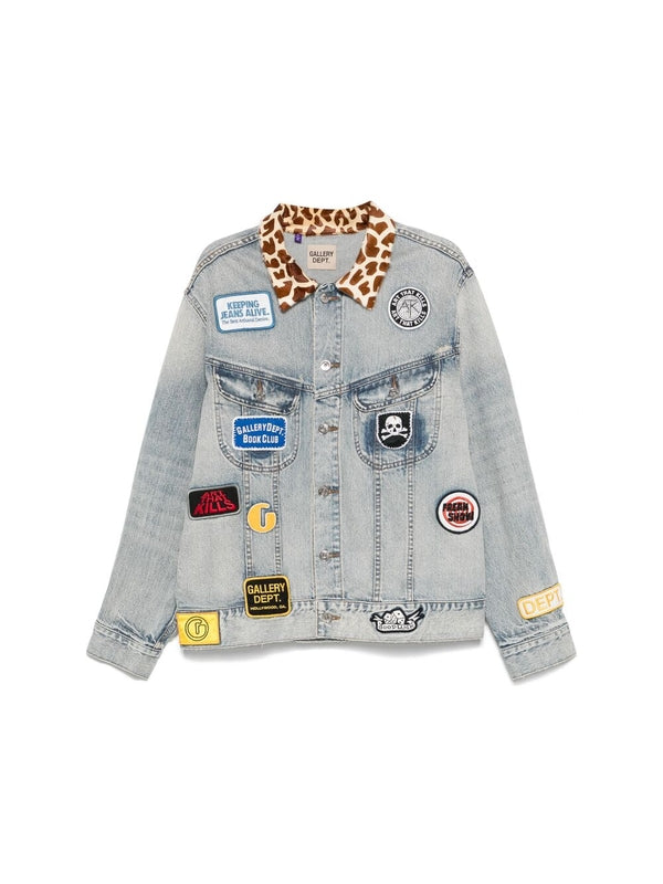 Logo Patch Animal Pattern Collar Denim Jacket