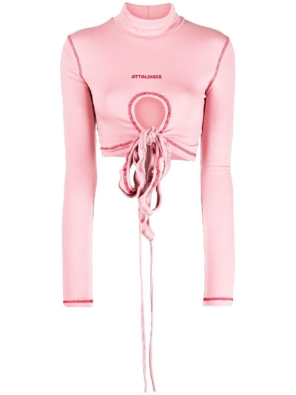 Logo Cutout Knot Crop Long Sleeve Top