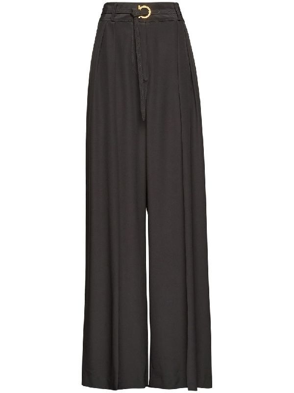 Gancini Belt Silk Pintuck Wide Pants